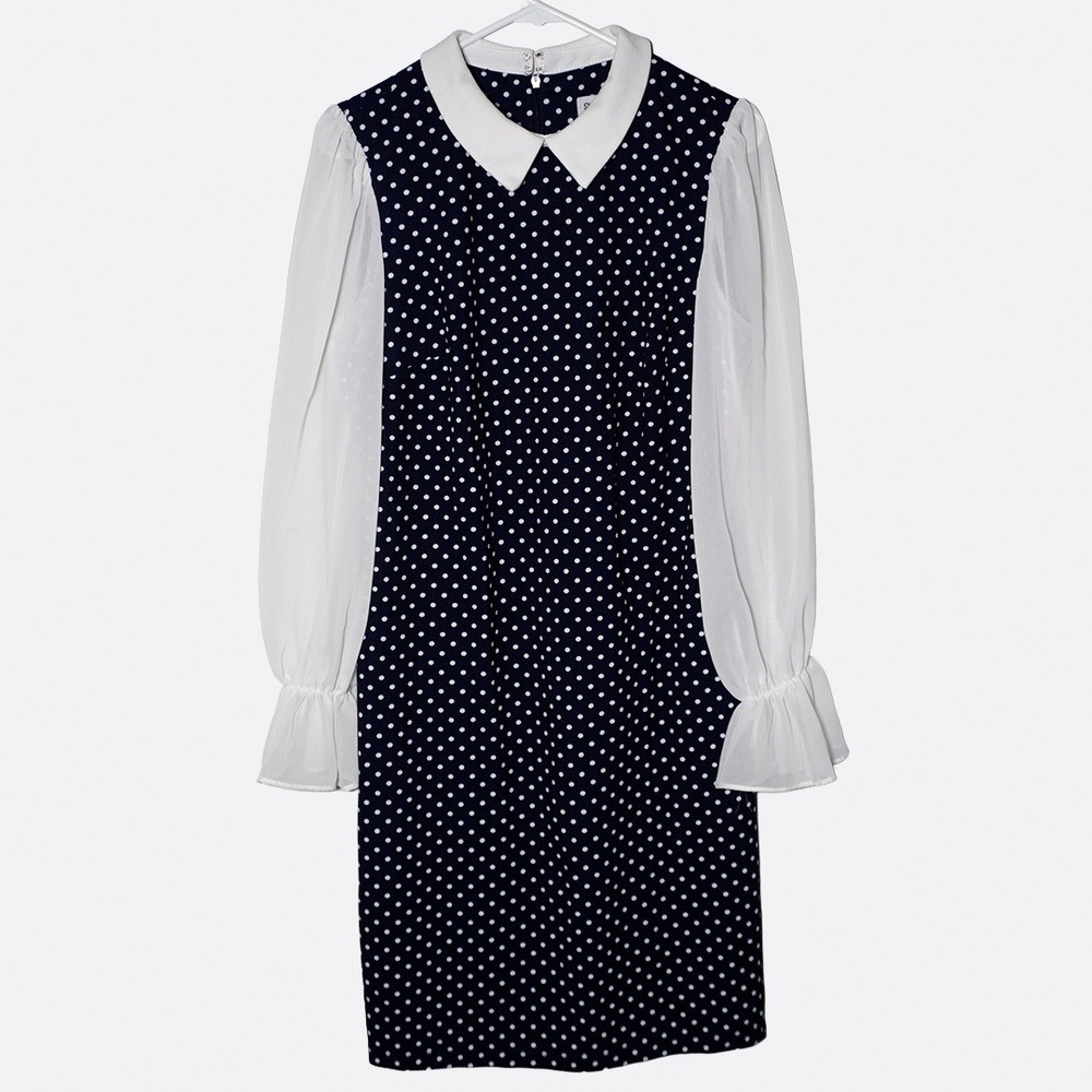 Shelby & Palmer Navy Polka Dot Peter Pan Sheath Dress Bell Sleeve 0X Large Retro - Picture 2 of 8